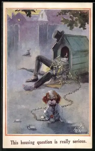 Künstler-AK T. Gilson: Mann schläft in einer Hundehütte