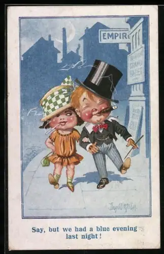 Künstler-AK Donald McGill: Kleines Paar bei einem Nachtspaziergang