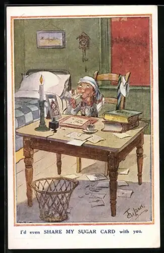 Künstler-AK T. Gilson: I`d even share my sugar card with you, Junge sitzt am Schreibtisch und überlegt