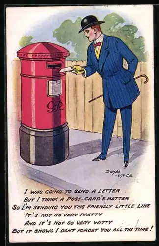 Künstler-AK Donald McGill: Mann wirft einen Brief in den Briefkasten
