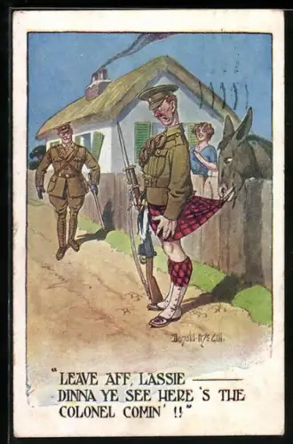Künstler-AK Donald McGill: Esel frisst den Schottenrock eines Soldaten