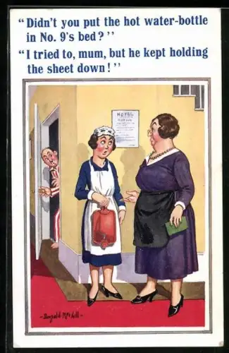 Künstler-AK Donald McGill: Hausmädchen mit Wärmflasche