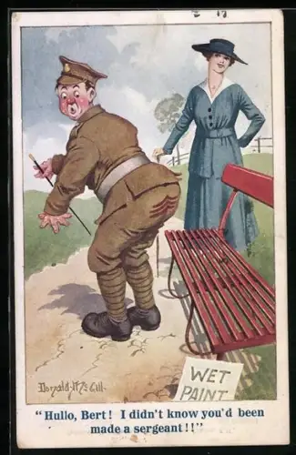 Künstler-AK Donald McGill: Soldat sitzt auf frisch gestrichener Bank