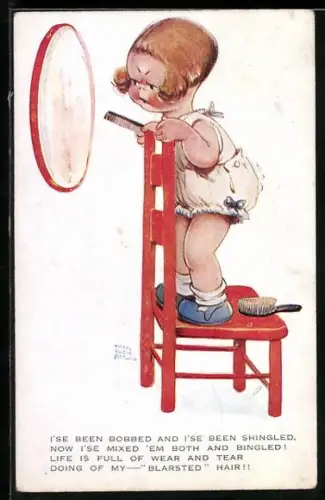 Künstler-AK Mabel Lucie Attwell: Mädchen frisiert sich vor dem Spiegel
