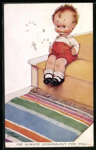 Künstler-AK Mabel Lucie Attwell: Kleiner Junge sitzt auf einer Treppe