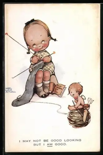 Künstler-AK Mabel Lucie Attwell: Mädchen strickt einen Strumpf und wird von Amor beobachtet