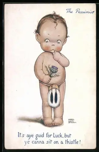 Künstler-AK Mabel Lucie Attwell: Nackter Junge mit Sporran guckt traurig