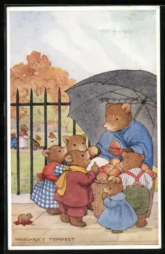 Künstler-AK Douglas Tempest: Bär verteilt Äpfel an Bärenkinder