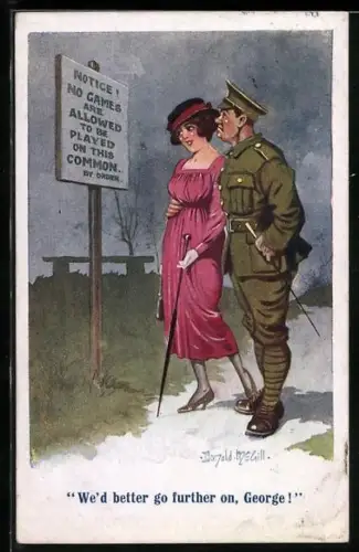 Künstler-AK Donald McGill: Soldat beim Spaziergang mit seiner Freundin
