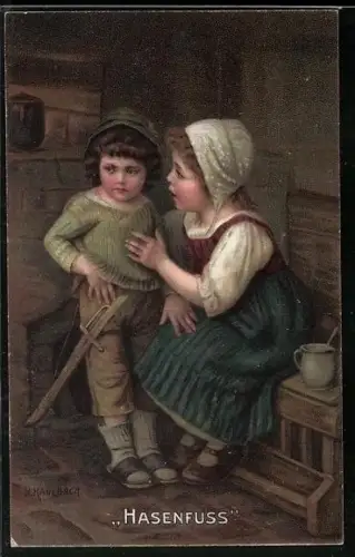 Künstler-AK Hermann Kaulbach: Hasenfuss, kleiner ängstlicher Bube mit Holzschwert