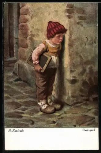 Künstler-AK Hermann Kaulbach: Guck-Guck, Junge lauert hinter einer Mauer