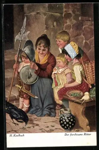 Künstler-AK Hermann Kaulbach: Der furchtsame Ritter, kleiner Junge in Ritterverkleidung beobachtet eine Krähe