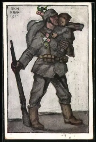 Künstler-AK Richard Klein: Bayerische Kriegsinvaliden-Fürsorge, Soldatenvater mit seinem Kinde