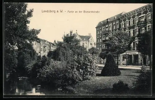 AK Landsberg a. W., Partie an der Bismarckstrasse mit Anlagen