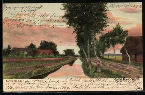 Künstler-AK Sophie Wencke: Worpswede, Nach dem Regen, Dorflandschaft mit Bach