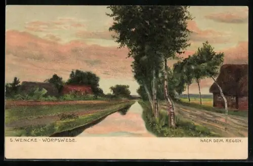 Künstler-AK Sophie Wencke: Worpswede, Nach dem Regen, Ortsansicht mit Bach von Birken gesäumt