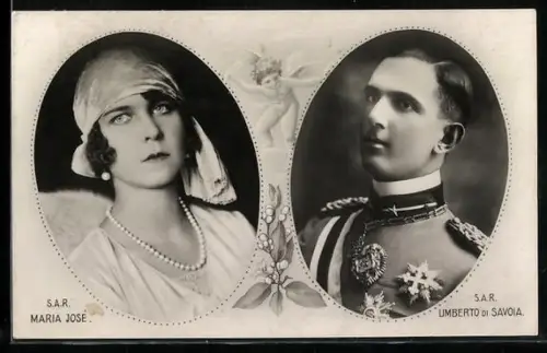 AK Hochzeitspaar Prinzesssin Maria José und Prinz Umberto, Maiglöckchen, Engel