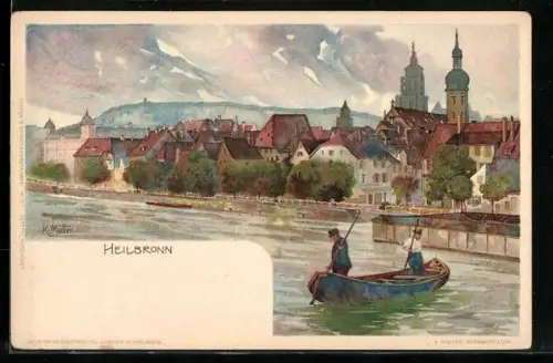 Künstler-AK Karl Mutter: Heilbronn, Blick vom Neckar auf die Stadt