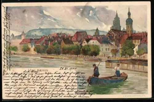 Künstler-AK Karl Mutter: Heilbronn, Blick vom Neckar auf die Stadt