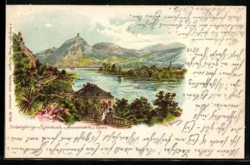 Künstler-Lithographie Friedrich Perlberg: Rolandseck, Blick auf das Siebengebirge und Nonnenwerth am Rhein