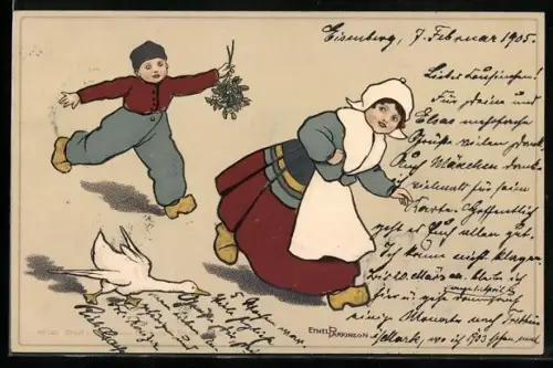 Künstler-AK Ethel Parkinson: kleiner Holländer mit Mistelzweigen läuft einem Mädchen nach