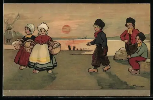 Künstler-AK Ethel Parkinson: ein Junge nähert sich Mädchen in holländischer Tracht, Windmühle