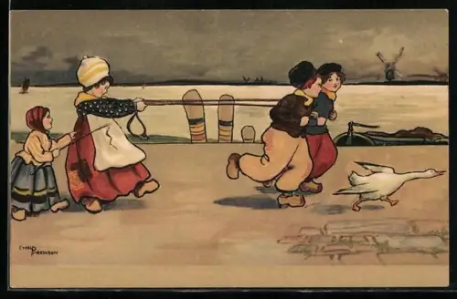 Künstler-AK Ethel Parkinson: Holländische Kinder spielen an einem Ufer