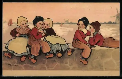 Künstler-AK Ethel Parkinson: Niederländische Kinder auf Mauer