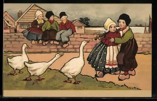 Künstler-AK Ethel Parkinson: Knabe beschützt Mädchen vor Gänsen