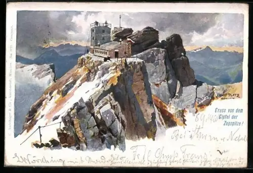 Künstler-AK Ernst Platz: Gipfel der Zugspitze mit wehender Reichsfahne