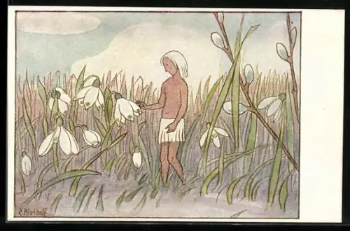 Künstler-AK Ernst Kreidolf: Maiglöckengruss, Kind auf der Wiese mit Maiglöckchen