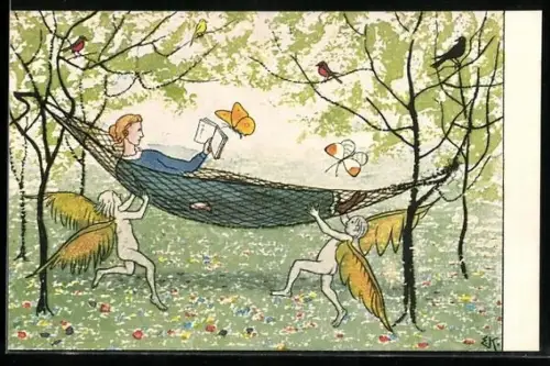 Künstler-AK Ernst Kreidolf: In der Hängematte, lesende Frau von zwei Engel in der Hängematte gestützt
