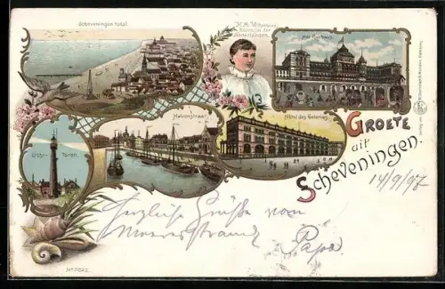 Lithographie Scheveningen, Hôtel des Galeries, Lichttoren, Havenstraat, Het Kurhaus