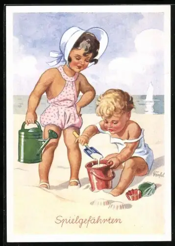 Künstler-AK Dörfel: Kinder am Strand beim Sandburgen bauen