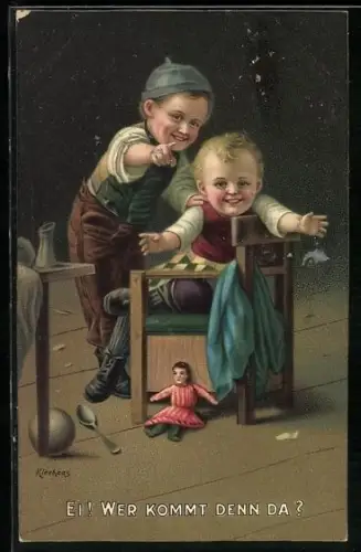 Künstler-AK Hermann Kaulbach: Ei! Wer kommt denn da?, Kinderpaar mit Puppe