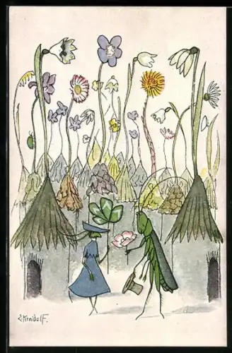 Künstler-AK Ernst Kreidolf: Grashüpfer trifft Däumeline