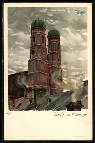Künstler-AK Heinrich Kley: München, Frauenkirche mit glänzender Fassade