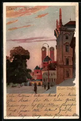 Künstler-AK Heinrich Kley: München, Elisen-Strasse in der Abenddämmerung