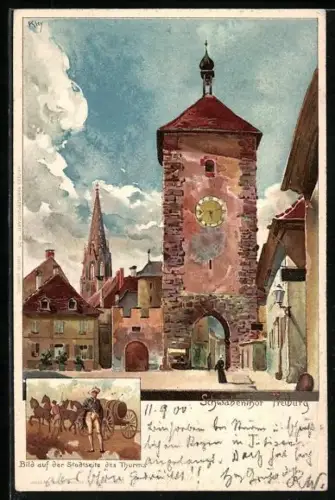 Künstler-AK Heinrich Kley: Freiburg, Schwabenthor und Bild auf der Stadtseite des Thurms