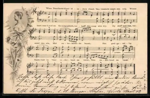 AK Königin Wilhelmina von den Niederlanden, Wien Neerlands bloed..., Lied mit Noten