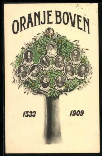 AK Oranje Boven 1533-1909, Stammbaum mit Portraits