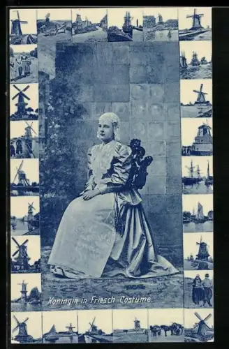 AK Koningin von den Niederlanden in Friesch Costume, Windmühle, Pferdewagen