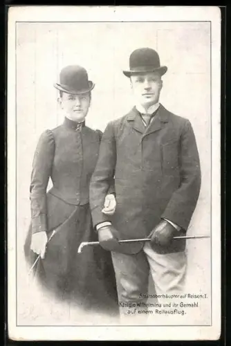 AK Königin Wilhelmina und ihr Gemahl auf einem Reitausflug, Adel von den Niederlanden