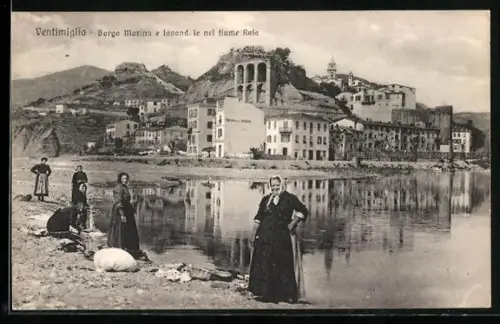 AK Ventimiglia, Borgo Marina e lavandoie nel fiume Roja, Waschfrau