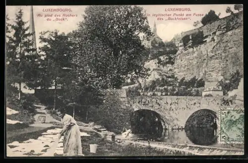 AK Luxemburg, Ein idyllischer Punkt am Fusse des Bockfelsen, Waschfrau