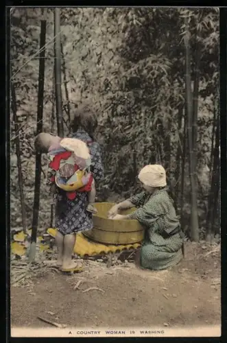 AK A country woman is washing, Waschfrau