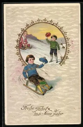 Künstler-AK Kinder beim Schlitten-Fahren, Frohe Fahrt ins Neue Jahr