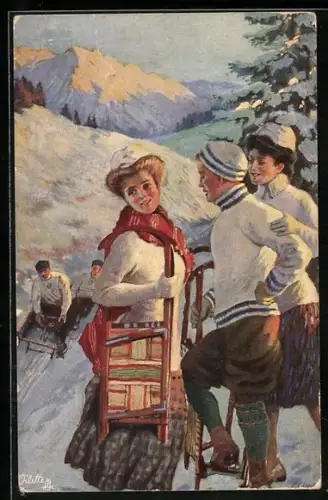 AK Männer und Frauen bei einer Schlittenpartie in den Bergen