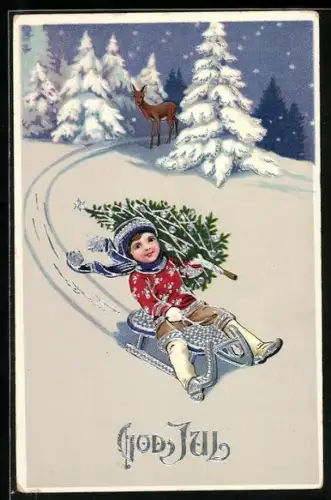 Künstler-AK Kind mit Tannenbaum auf einem Schlitten, God Jul