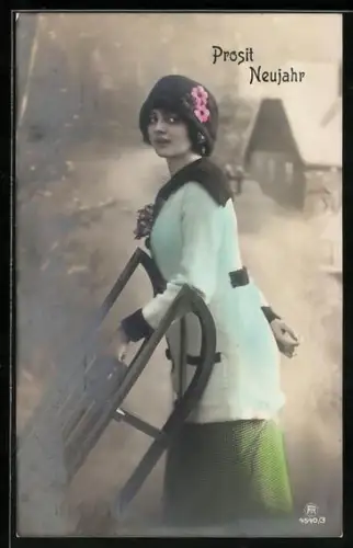 AK Junge Frau mit einem Schlitten